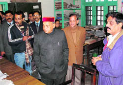 Chief Minister PK Dhumal at PWD office in Dharamsala on Thrusday
