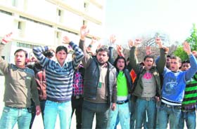 Activists of the National Secular Forum hold a demonstration on the Jammu University campus in Jammu