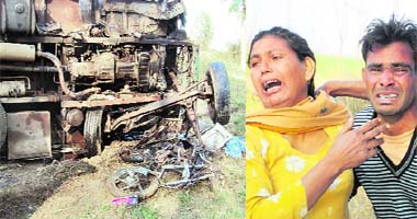 The mangled remains of the motorcycle and the mini-truck; and (right) inconsolable relatives of the deceased in Jagraon