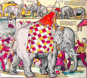 The Elephant of 1563. Hand-coloured Woodcut; Antwerp, 1563.
