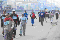 The Marathon Walk for Peace and Harmony for participants in the age group of 45-60 years in progress in Bathinda on Sunday morning.