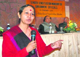 Gender consultant Asha Ramesh addresses a workshop in Dehradun
