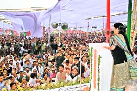 BJP leader Sushma Swaraj addresses a party rally in Rohtak