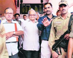 Interlocutors Prof G Hargopal (L) and R Someswar Rao at Bhubaneswar airport on Sunday.