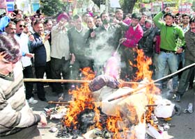Shopkeepers burn an effigy of the MDDA in Dehradun