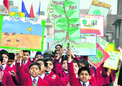 Students of HVM Convent School take out an awareness rally in Ludhiana on Monday.