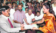 Hema Malini files her nomination papers in Bangalore on Monday. 