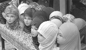 A market place in a European city capitalises on the traditional Khimar (headscarf) of Muslim women.
