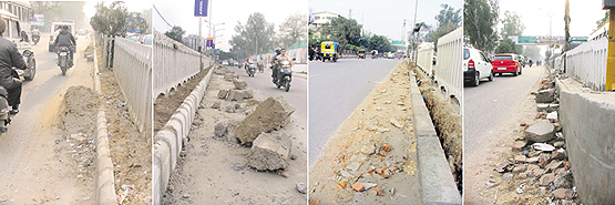 Construction materials lying near a petrol station at Punjabi Bhawan; huge bolders kept near the divider in front of Panjab Universitys extension library by a careless contrator; and (right) bolders kept along a divider at Bharat Nagar Chowk on the Feroepur road in Ludhiana . Photos: Inderjeet Verma