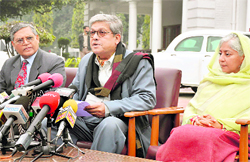 The Centres interlocutors, MM Ansari, Dileep Padgaonkar and Prof Radha Kumar, address mediapersons in Jammu on Wednesday