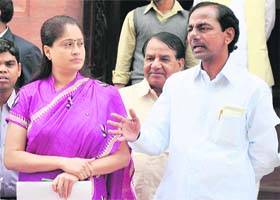 TRS chief K Chandrashekhar Rao and his party leader Vijayashanti talk to the media in New Delhi