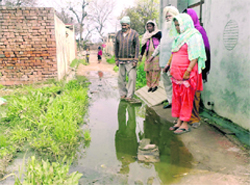 Residents of Manderan village, near Khamano, show stagnant water in front of their houses.