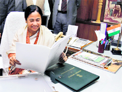 Railways Minister Mamata Banerjee before giving the final touches to the Railway Budget