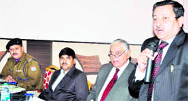 An official addresses a meeting in Haridwar on Friday.