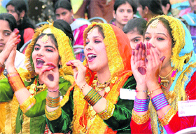 Students cheer their teammates during a state-level inter-polytechnic youth festival for girls at Government Polytechnic for Girls in Jalandhar on Friday.