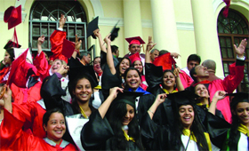 Students jubilating after receiving their degrees at the 88th annual convocation of Delhi University in New Delhi on Saturday.