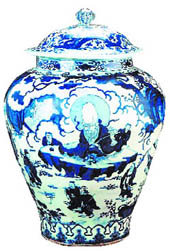A blue and white porcelain covered jar from the Ming period on display at Treasures of Ancient China