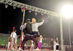 Members of Akshay Kumars troupe rehearse at the Guru Nanak Stadium in Ludhiana on Sunday