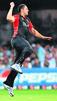 Tim Bresnan celebrates the wicket of Indian batsman Virat Kohli on Sunday. Bresnan picked up 5 wickets for 48 runs.  AFP