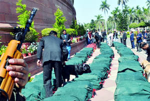 Budget documents kept at Parliament House under tight security in New Delhi on Monday.