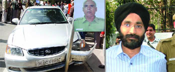 The car (top) of Jaspreet Singh (right) at Princess Park, near India Gate,  after it hit Delhi police constable Hari Ram (inset) who was on his  offcial motor cycle on Monday.