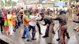 Shiksha Mittars being lathicharged in Dehradun on Monday.