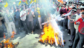 BJP members burn an effigy of the Congress MPs in Dehradun on Sunday.