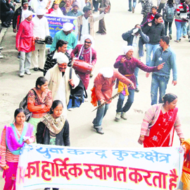Artists participate in a rally organised by Nehru Yuva Kendra in Shimla on Monday.