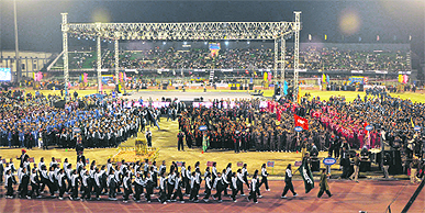 Inauguration of the Shaheed-e-Azam Bhagat Singh Punjab State Games underway at the Guru Nanak Stadium in Ludhiana on Monday night. Tribune photo: Himanshu Mahajan