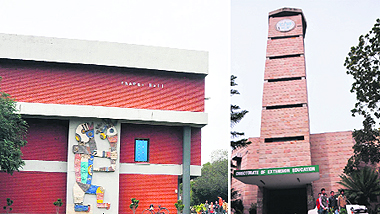 The Thapar Hall; and (right) the clock tower of Punjab Agricultural University in Ludhiana.