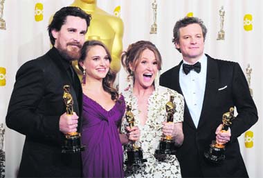(From left): Best Supporting Actor Christian Bale, Best Actress Natalie Portman, Best Supporting Actress Melissa Leo and Best Actor Colin Firth pose with their Oscars at the 83rd Annual Academy Awards held at the Kodak Theatre in Hollywood on Sunday.