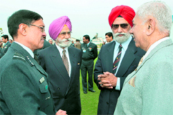 The Air Officer Commanding-in-Chief, Western Air Command, Air Marshal DC Kumaria (left), interacts with former station commanders of Chandigarh airbase during a seminar on the IAFs heavy lift capability, in Chandigarh on Tuesday