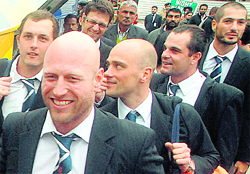 Netherland team captain Peter Borren along with his teammates arrives at the Chandigarh Airport on Tuesday to play ICC World Cup with South Africa at the PCA Stadium in Mohali