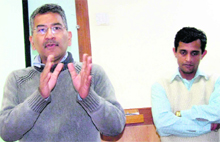 Anoop Nautiyal, COO of GVK EMRI 108 services, addresses a press conference in Dehradun on Tuesday