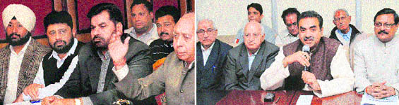Leaders of the Congress (left) and the BJP address mediapersons in Chandigarh on Wednesday.