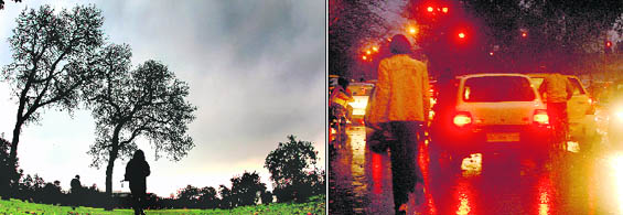 Visitors at Rose Garden silhouetted against an overcast sky in Sector 16, Chandigarh, on Wednesday. Tribune photo: S Chandan; Showers lashed the city on Wednesday.
