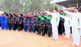 Sportspersons take the oath during the inauguration of the 59th All-India Police Wrestling Cluster in Jammu on Wednesday