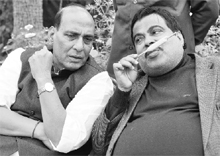 BJP national president Nitin Gadkari with former party president Rajnath Singh at a luncheon get together