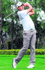 Gaganjeet Bhullar tees off on the second day of the PGTI Players Championship at Chandigarh Golf Club on Thursday.