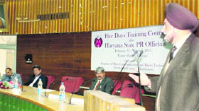 Lt-Gen DDS Sandhu (retd), KU Vice-Chancellor, addresses participants at the five-day training course for Haryana public relations (PR) officials in Kurukshetra.