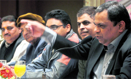 Representatives of the Sewing Machine Dealers and Assemblers Association address a press conference in Ludhiana on Thursday