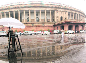 Waterlogging at Parliament House after rain in New Delhi on Thursday.