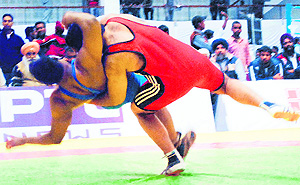Wrestlers in action during the Punjab Games at the Polo Ground in Patiala on Thursday. Tribune photo: Rajesh Sachar
