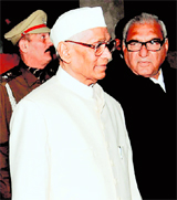 Governor Jagannath Pahadia, accompanied by Chief Minister BS Hooda , on his way to the Vidhan Sabha in Chandigarh on Friday.
