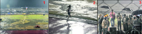 The Guru Nanak Stadium in Ludhiana wears an empty look due to a downpour on Thursday evening. (2) Despite rain, OP Jaisha of the city, clinched the gold medal in the 5 km race. (3) Winners of the Punjab Games being given medals.