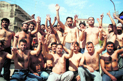 Members of the Jammu and Kashmir Agriculture Technocrats Association stage a protest at Mubarak Mandi in Jammu on Saturday