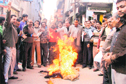 Members of the BJP trade cell burn an effigy of the UPA government in Ludhiana