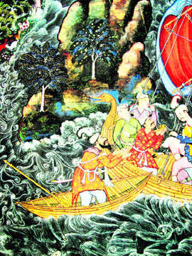 Yunus the Sailor arrives by boat. Folio from the Hamza Nama. Mughal, ca. 1570; Museum of Applied Arts, Vienna