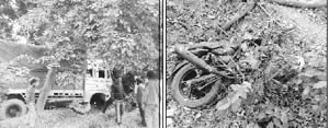 A truck that met with an accident; and (right) mangled remains of a motorcycle. Photos: Gurdeep Singh Mann