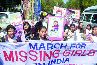 Students of DU take out a march to campaign against the pre-birth elimination of females at Jantar Mantar in New Delhi on Sunday.Tribune photo: Manas Ranjan Bhui